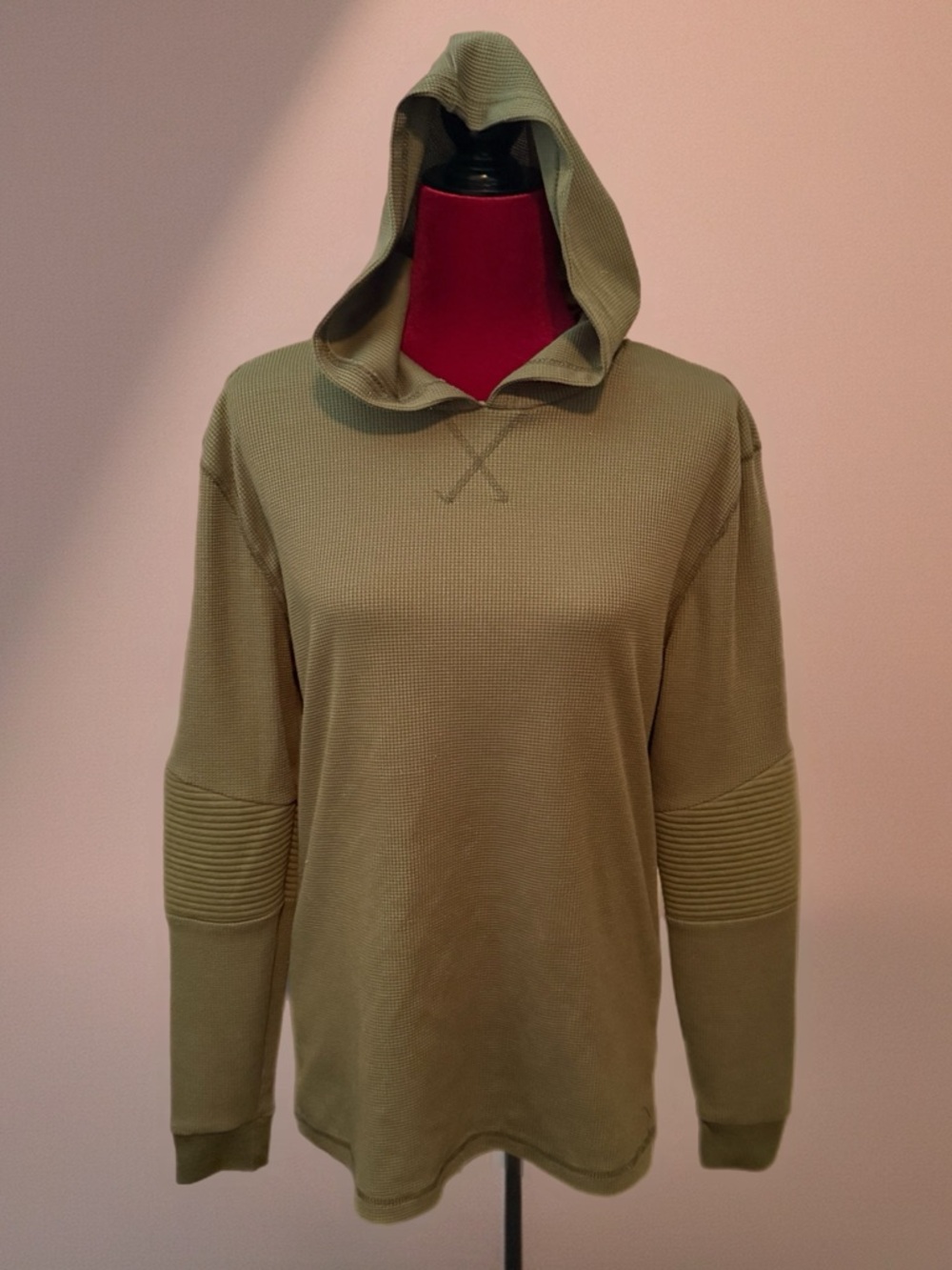 Men's Olive Hooded Waffle-Knit Pullover